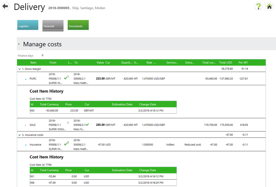 Delivery cost sheet history