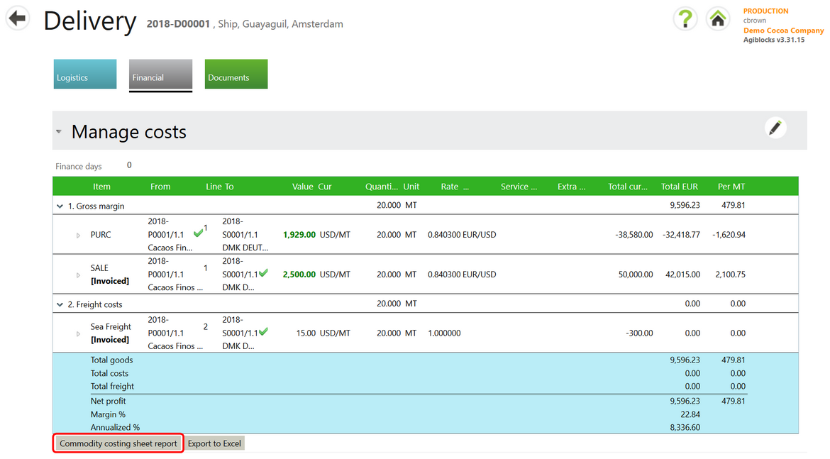 Delivery Costing Sheet Report