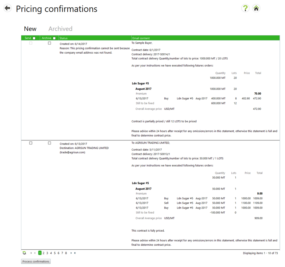 Pricing confirmation new tab