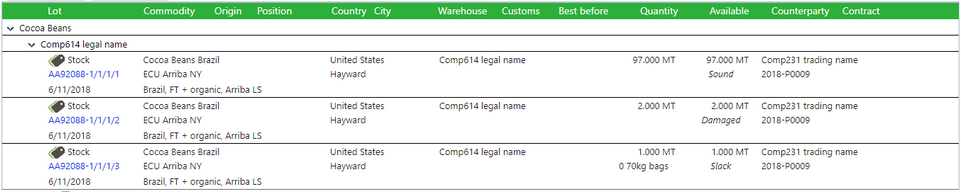 Inventory list after executing with weight note info